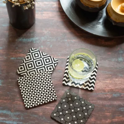 Black White Geometric coaster set