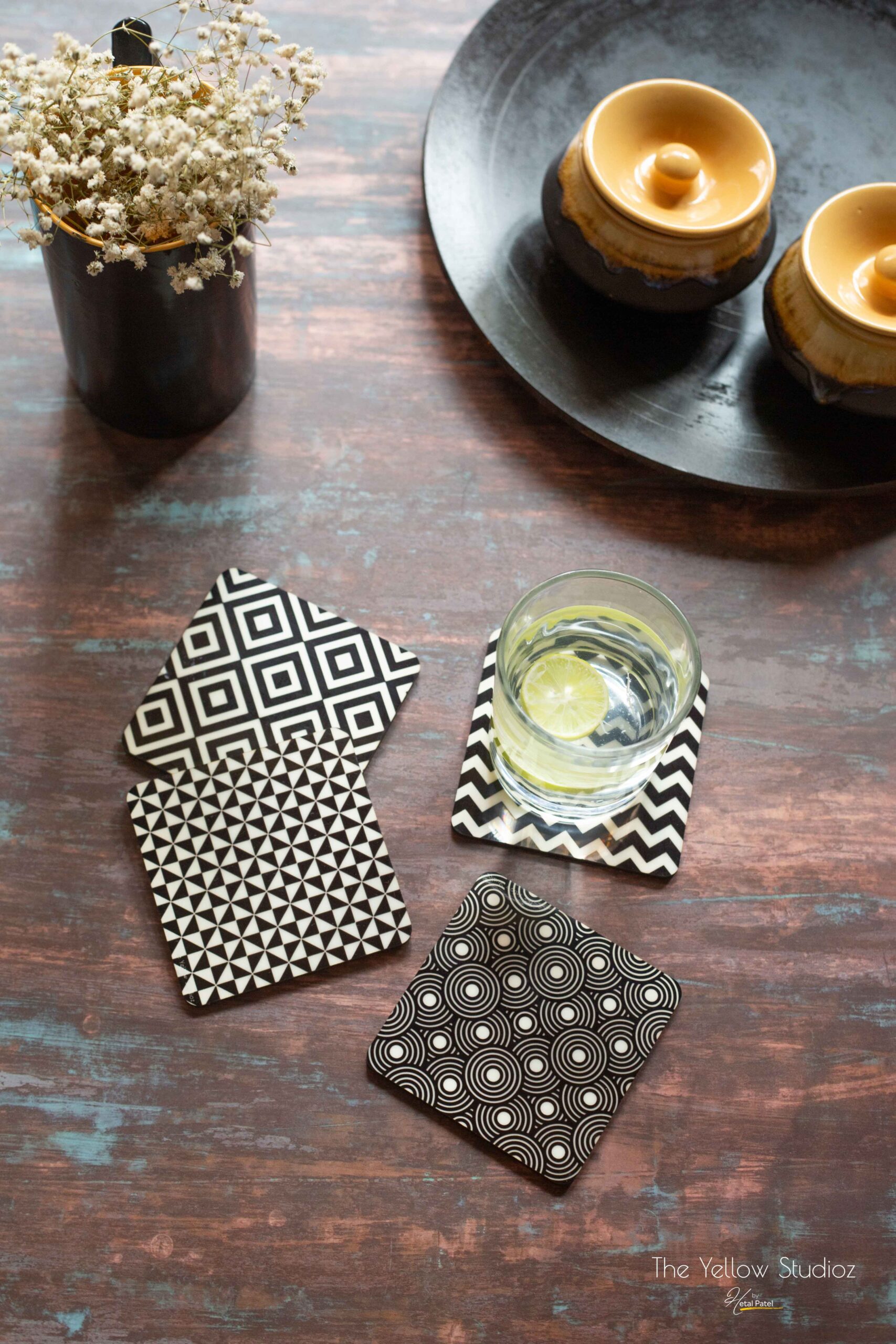 Black White Geometric coaster set