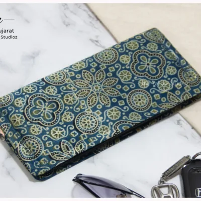 Blue and green circles and floral Ajrakh Clutch