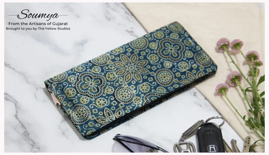 Blue and green circles and floral Ajrakh Clutch