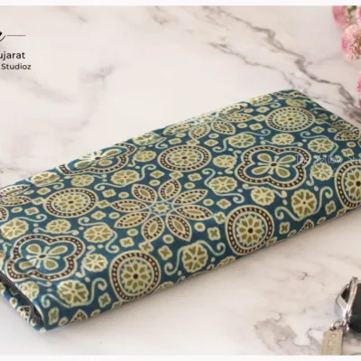 Blue and red circles and floral Ajrakh Clutch