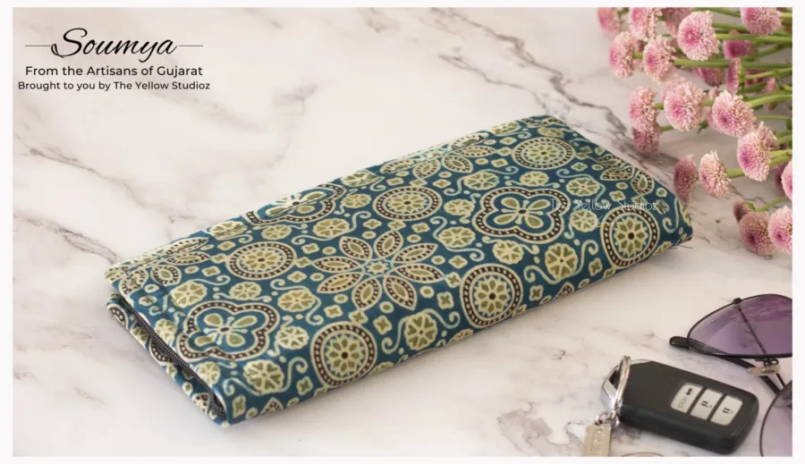 Blue and red circles and floral Ajrakh Clutch