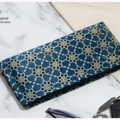 Blue floral webbed Ajrakh Clutch