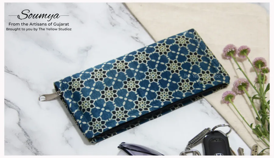 Blue floral webbed Ajrakh Clutch