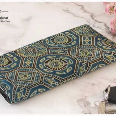 Blue hexagon floral Ajrakh Clutch