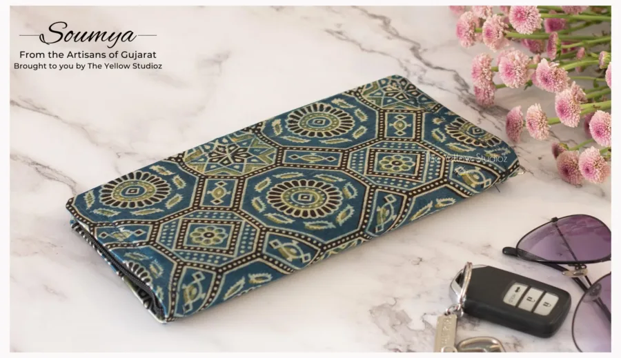 Blue hexagon floral Ajrakh Clutch