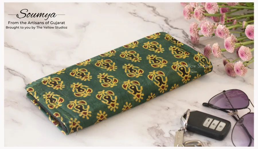 Green medium floral Ajrakh Clutch