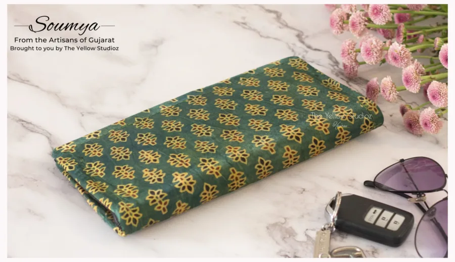 Green small floral Ajrakh Clutch