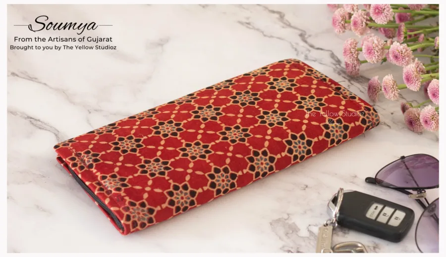 Ajrakh Clutch with Red Floral Webbed