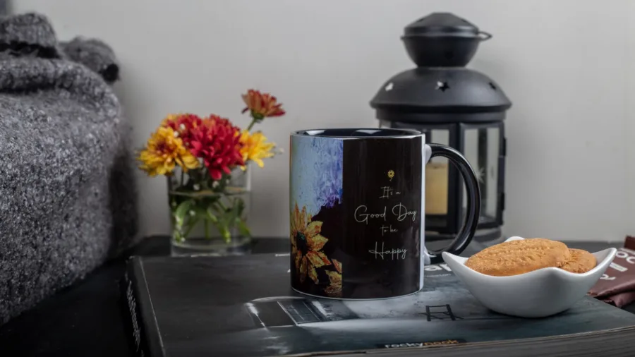 Coffee Mug with Sunflower print and Quote - It's a Good Day to be Happy