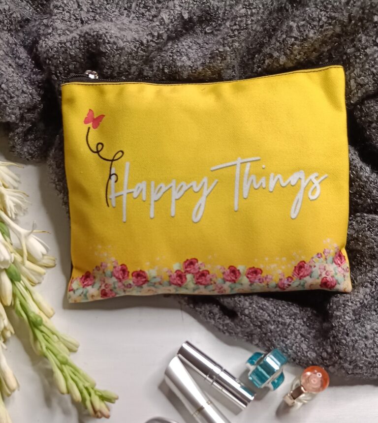 Yellow Handmade Canvas Pouch with Happy Things print