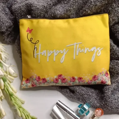 Yellow Handmade Canvas Pouch with Happy Things print