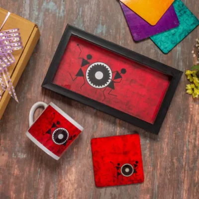 Indian Flair Warli Gift Hampers - Mug, Tray and Coaster.