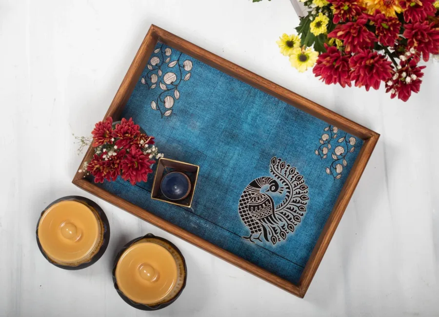 Indian tribal Peacock wooden handcrafted tray