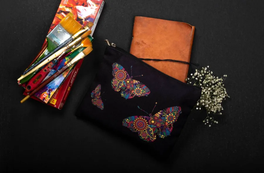 Handmade Canvas Pouch with Multicolor Butterfly print