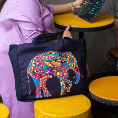 Multicolored Elephant Handmade Canvas Tote Bag