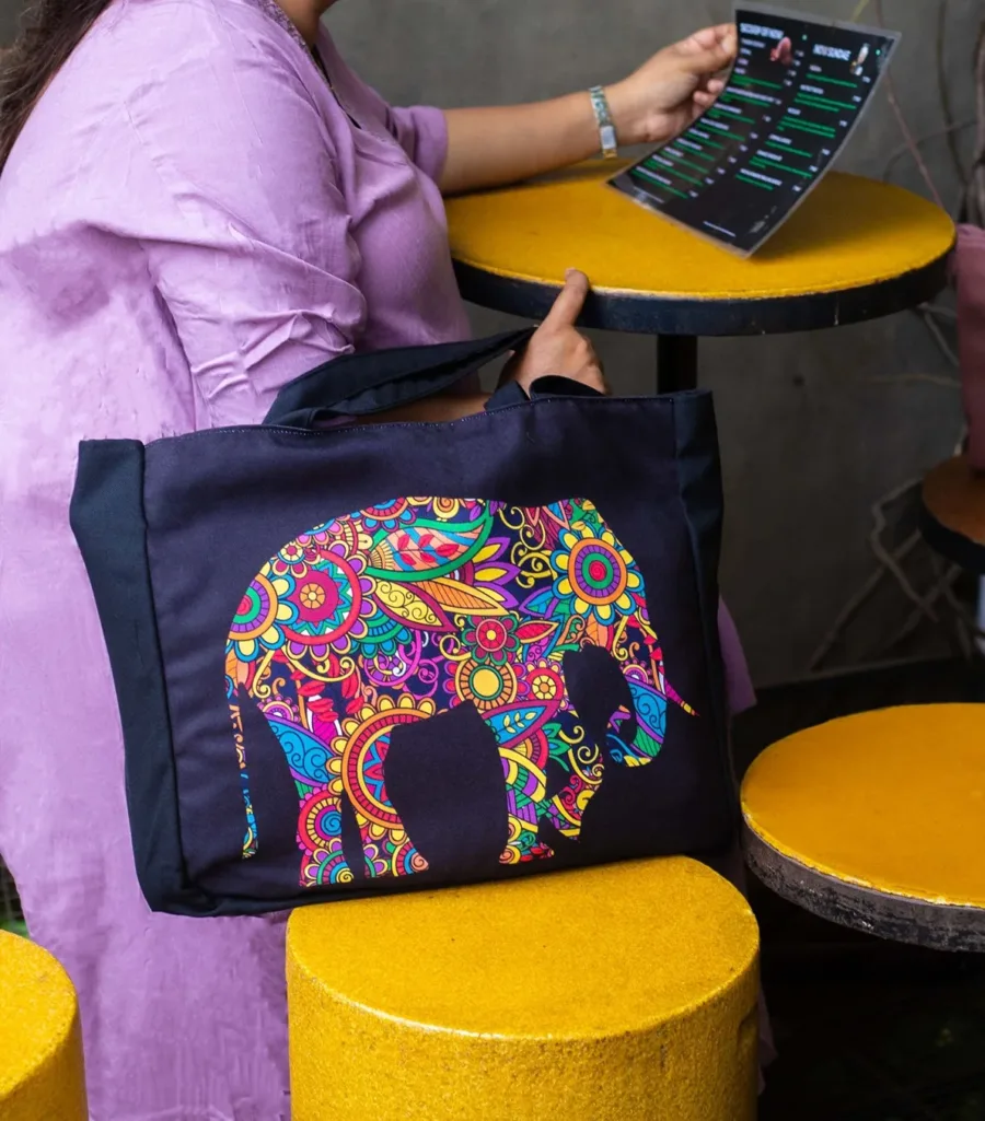 Multicolored Elephant Handmade Canvas Tote Bag