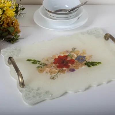 White and Real Flowers Handcrafted Tray