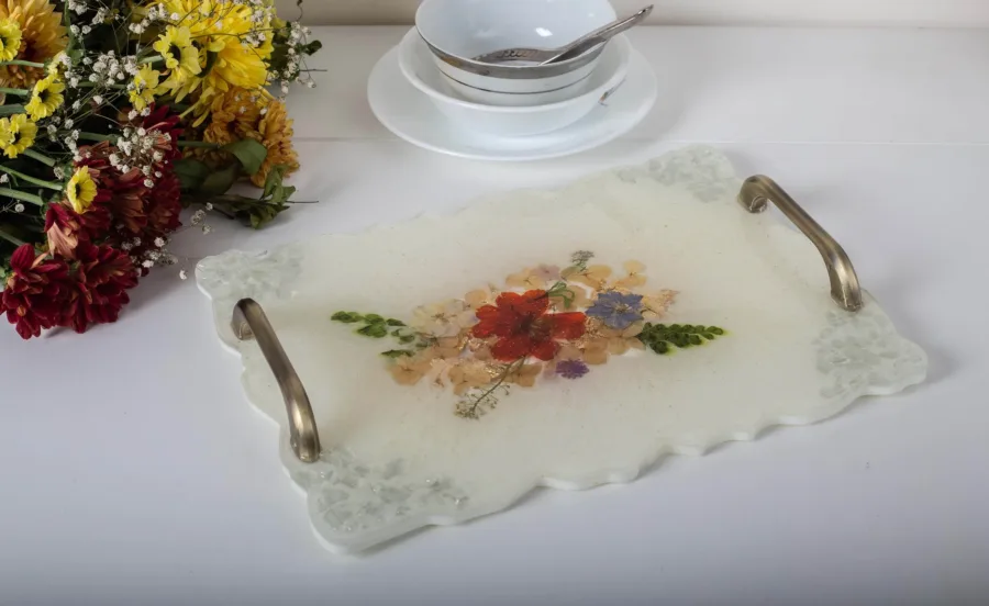 White and Real Flowers Handcrafted Tray