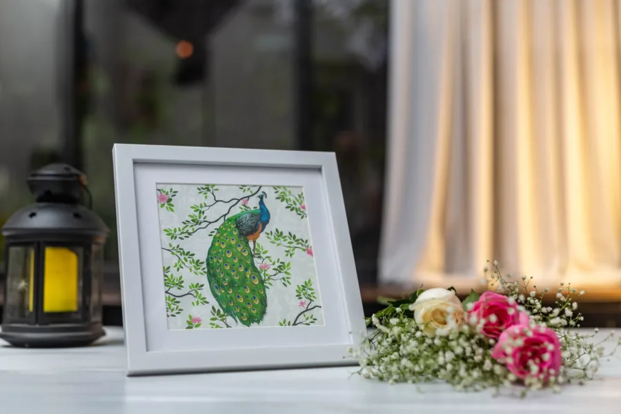 Mayura Art Print - Peacock in White Photo Frame