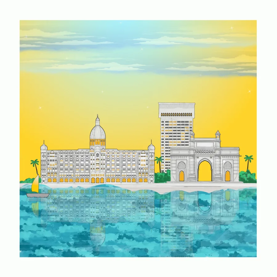 Mumbai Skyline Art Print with Gateway of India and Taj Hotel